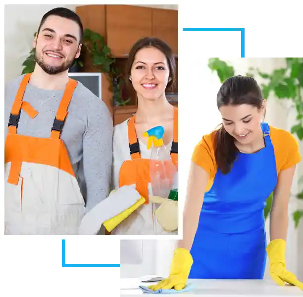 Smiling professionals in orange and blue uniforms with cleaning supplies.